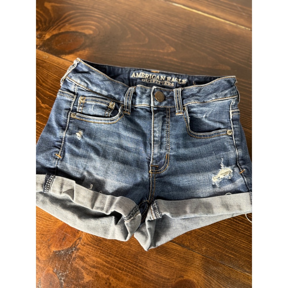 American Eagle Hi-Rise Shorts Womens 2 Blue Denim Super Stretch Rolled Hem 04/15